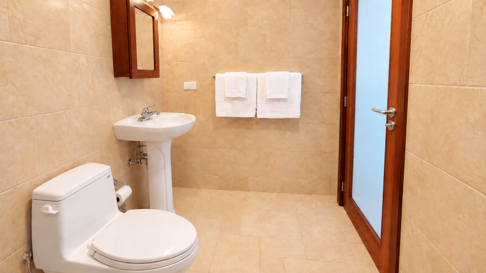 Small beige-tiled bathroom with a white toilet, pedestal sink, and a towel rack holding two white towels on the wall.