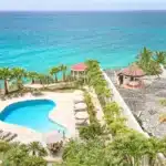 Tropical resort pool area with a curvy blue pool, lounge chairs, and palm trees overlooking a turquoise ocean.