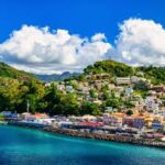 Colorful hillside village along a blue sea with a pier and boats docked nearby.