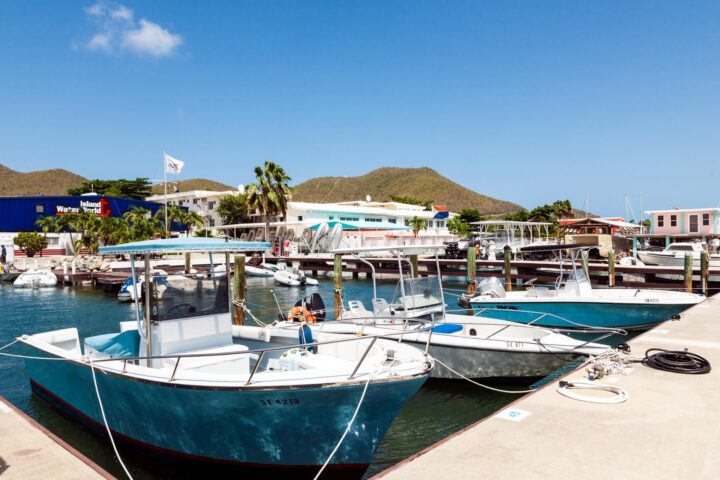 Boats docked at a sunny marina with blue water and hills in the background under a clear sky