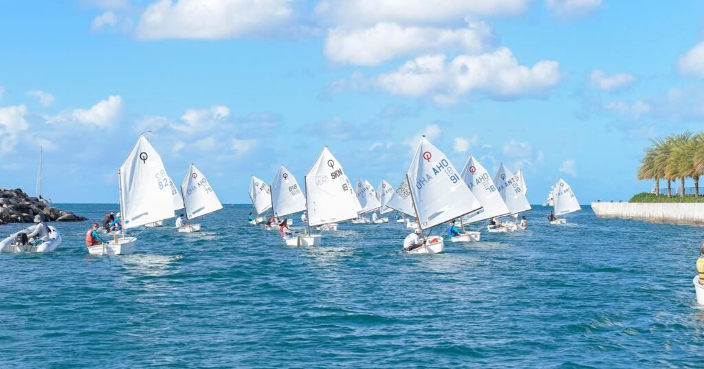 Group of small sailboats with white sails racing on blue water near a rocky jetty, sunny sky with a few clouds, and palm trees in the background.