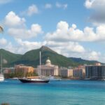 Palm tree frames a tropical harbor with turquoise water and a city skyline against green hills under a blue sky with fluffy clouds.