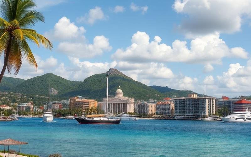 Palm tree frames a tropical harbor with turquoise water and a city skyline against green hills under a blue sky with fluffy clouds.