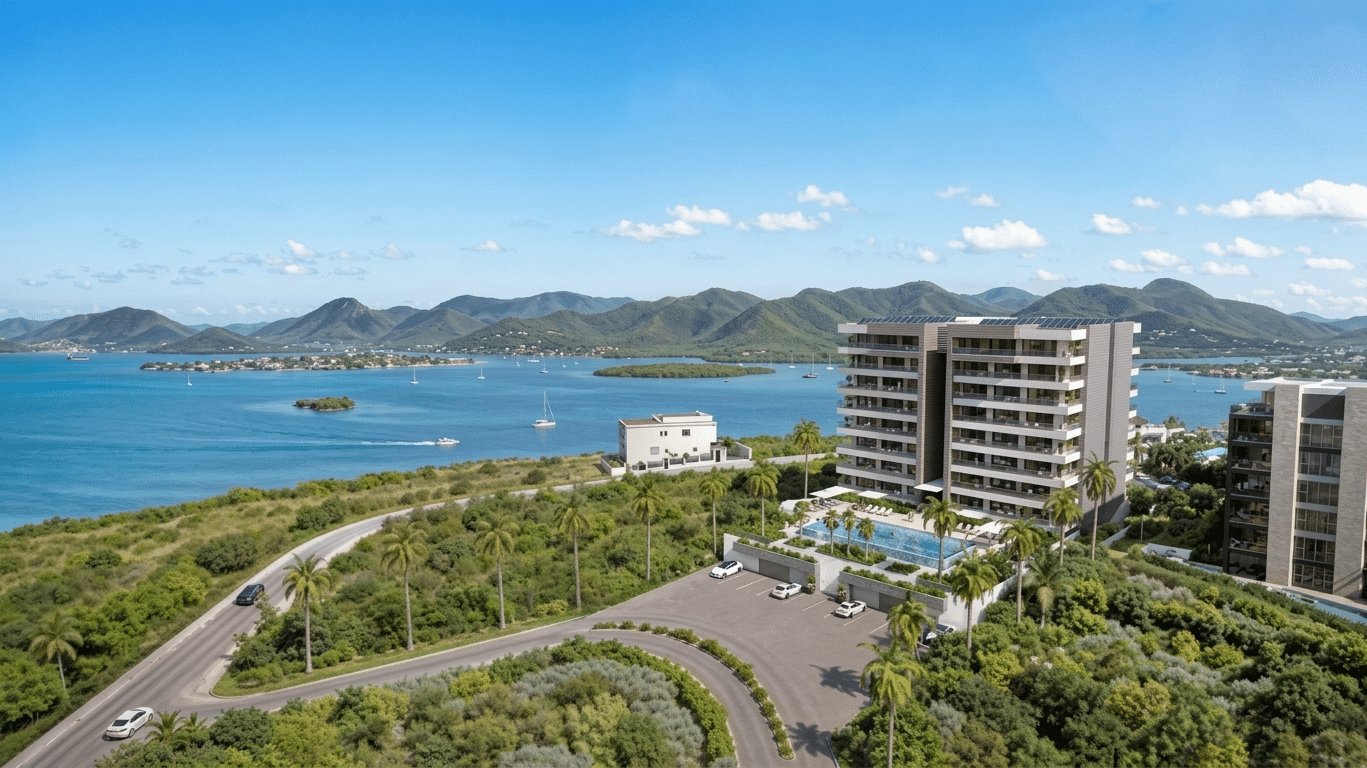 Aerial view of a coastal resort with tall white apartment buildings, a large pool, palm trees, and a bay with islands and green mountains in the distance.