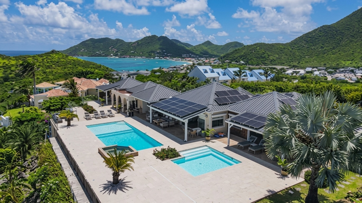 Aerial view of a luxury villa with two pools, palm trees, and solar panels on the roof." (Note: ensure this alt text is concise and without stray quotes)