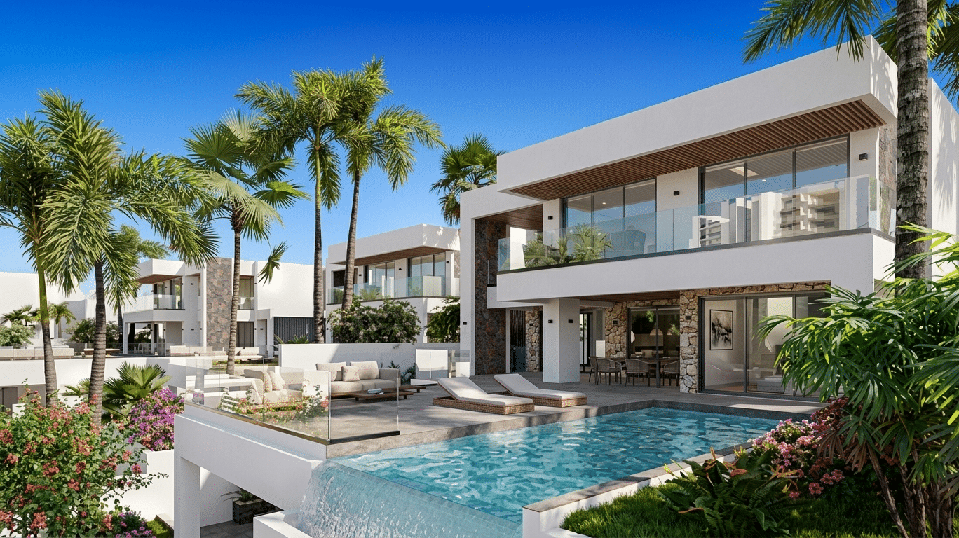 Modern white villa with a rectangular pool, lounge chairs, and palm trees under a clear blue sky