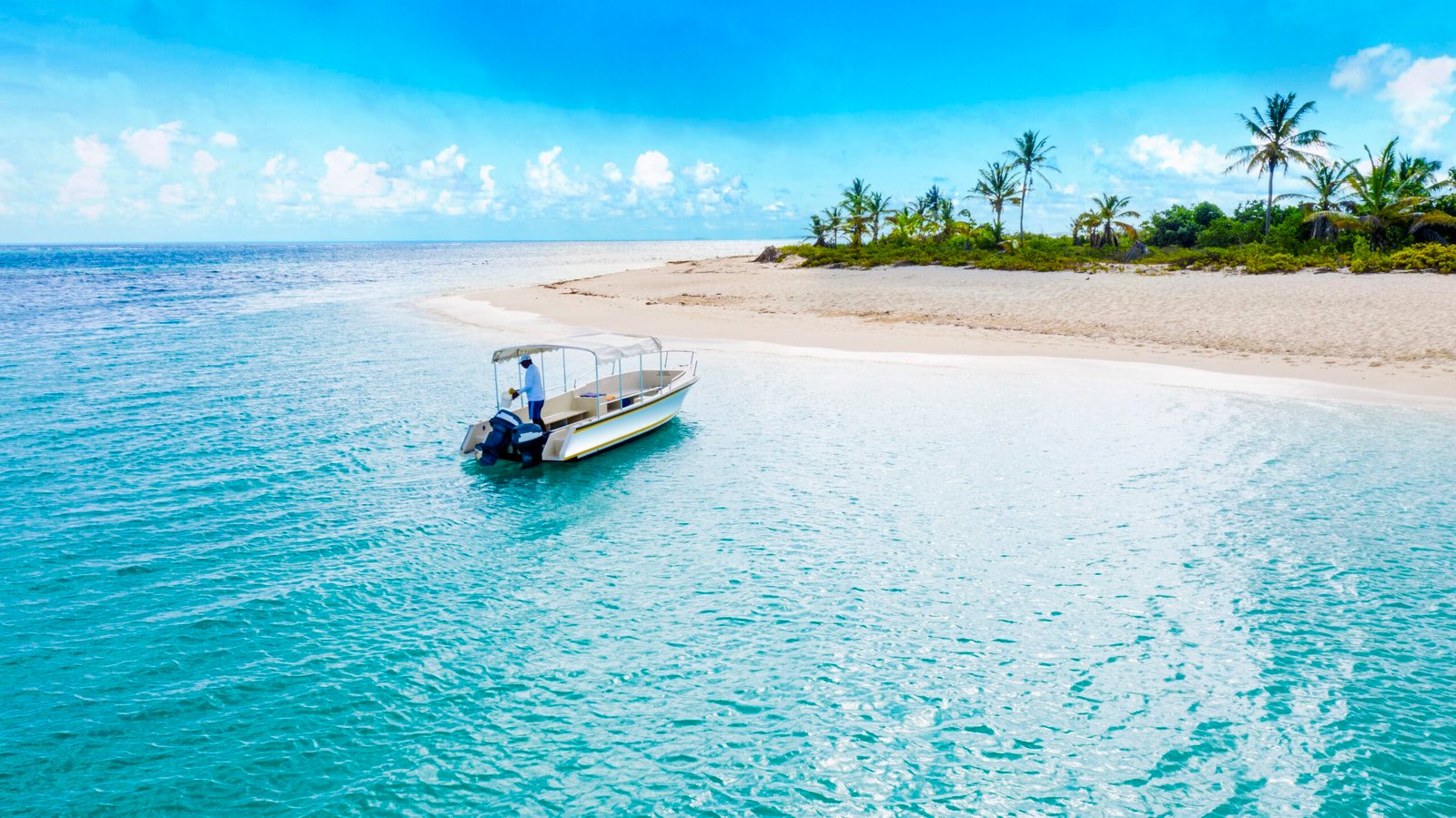 A small motorboat anchored near a sandy tropical beach with turquoise water and palm trees.
