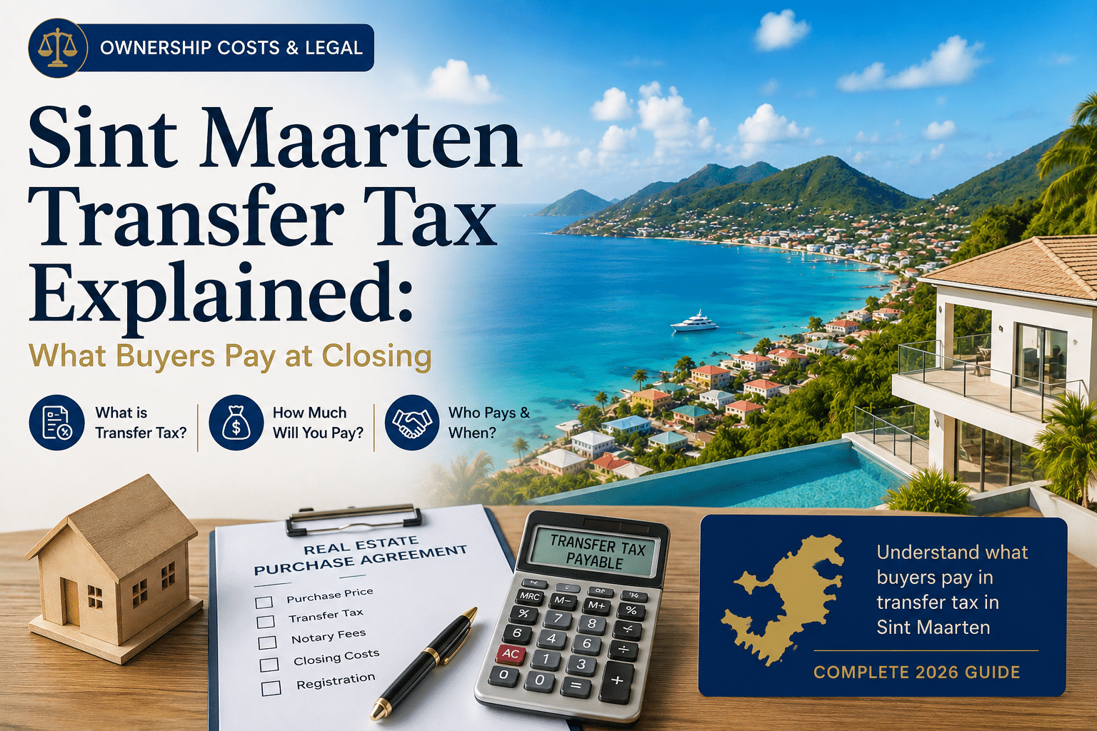 Banner about Sint Maarten transfer tax explained for buyers paying at closing, with tropical coastline and real estate visuals in the background.