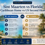 Infographic banner comparing Sint Maarten vs Florida real estate, with two columns of benefits and a beachy, tropical backdrop.