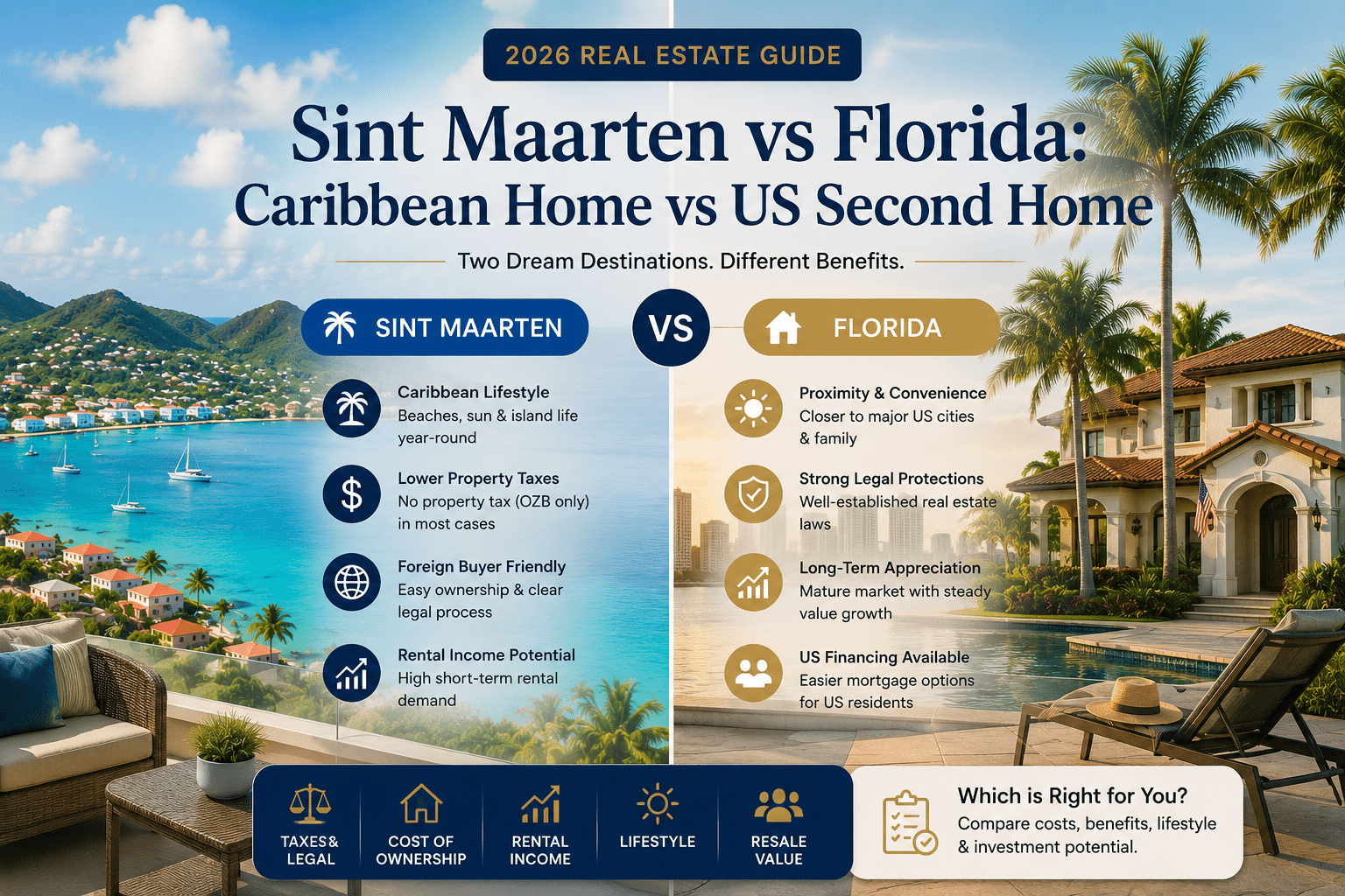 Infographic banner comparing Sint Maarten vs Florida real estate, with two columns of benefits and a beachy, tropical backdrop.