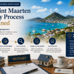 Infographic showing the Sint Maarten notary process: offers accepted, notary appointment, due diligence, signing, and registration over a tropical landscape.