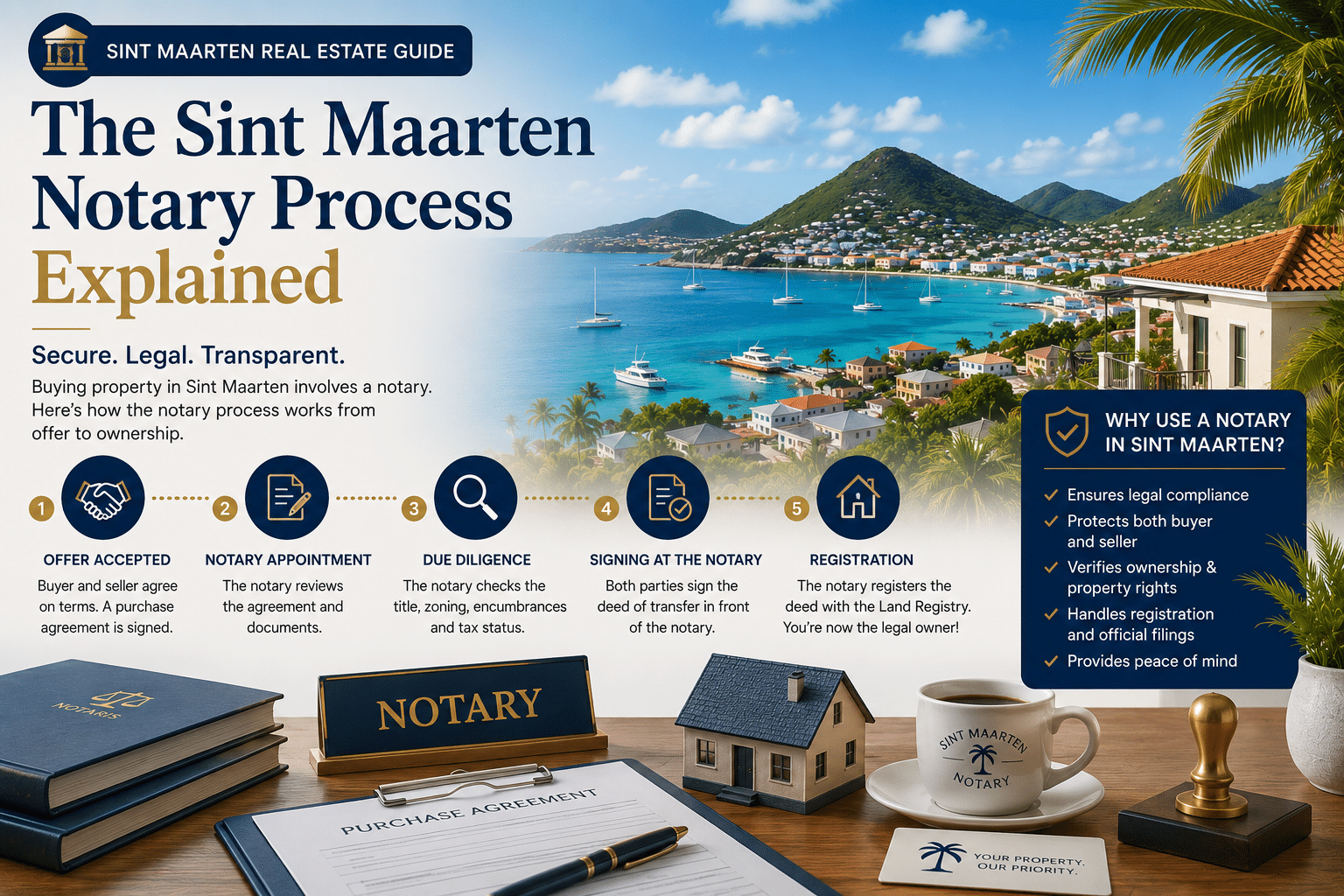 Infographic showing the Sint Maarten notary process: offers accepted, notary appointment, due diligence, signing, and registration over a tropical landscape.