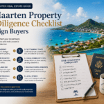 Infographic cover: Sint Maarten Property Due-Diligence Checklist for Foreign Buyers with a tropical harbor scene, 8 checklist items, clipboard and passport.