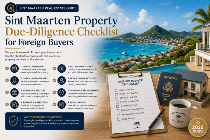 Infographic cover: Sint Maarten Property Due-Diligence Checklist for Foreign Buyers with a tropical harbor scene, 8 checklist items, clipboard and passport.