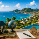 Coastal resort town with turquoise sea, palm trees and green hills; foreground shows a globe, miniature houses, notebook and pen on a wooden desk.