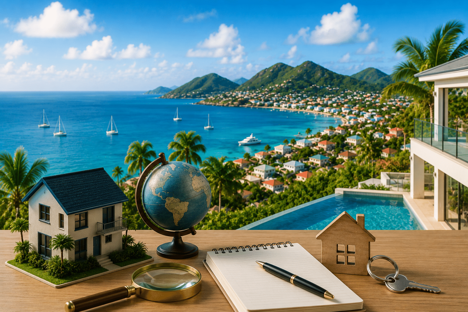Coastal resort town with turquoise sea, palm trees and green hills; foreground shows a globe, miniature houses, notebook and pen on a wooden desk.