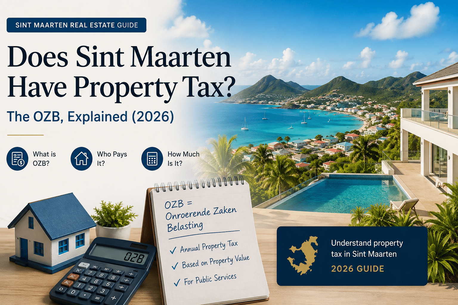 Cover for Sint Maarten Real Estate Guide asking 'Does Sint Maarten Have Property Tax?' with island coast view and pool.