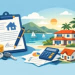 Real estate finance concept illustration with a clipboard, keys, coins, a calculator, and seaside homes by the ocean.