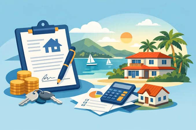 Real estate finance concept illustration with a clipboard, keys, coins, a calculator, and seaside homes by the ocean.