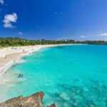 Turquoise sea and white-sand beach lined with palm trees under a bright blue sky.