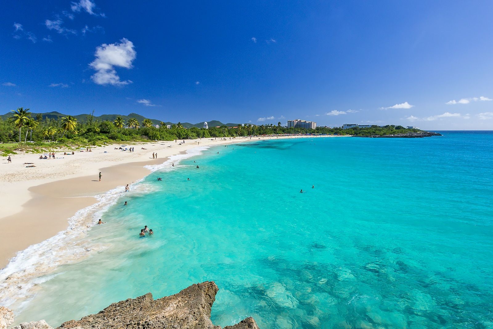 Turquoise sea and white-sand beach lined with palm trees under a bright blue sky.
